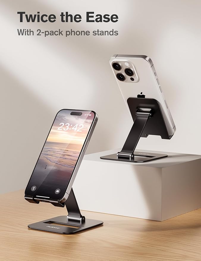 Nulaxy 2 Pack Dual Folding Cell Phone Stand, Fully Adjustable Phone Holder for Desk, Compatible with Phone 16 15 14 13 12 11, Nintendo Switch, All Phones, Black