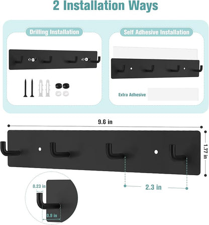 RELBRO Key Holder Wall Mount, Large Metal Self Adhesive Key Rack with 4 Hooks, 2 Installation Options, Black