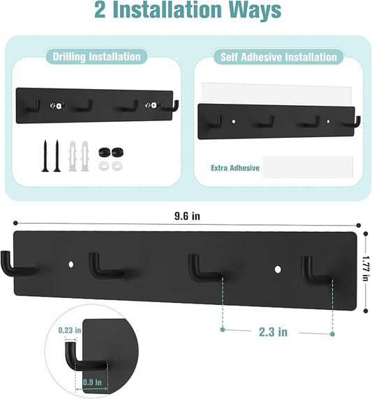 RELBRO Key Holder Wall Mount, Large Metal Self Adhesive Key Rack with 4 Hooks, 2 Installation Options, Black