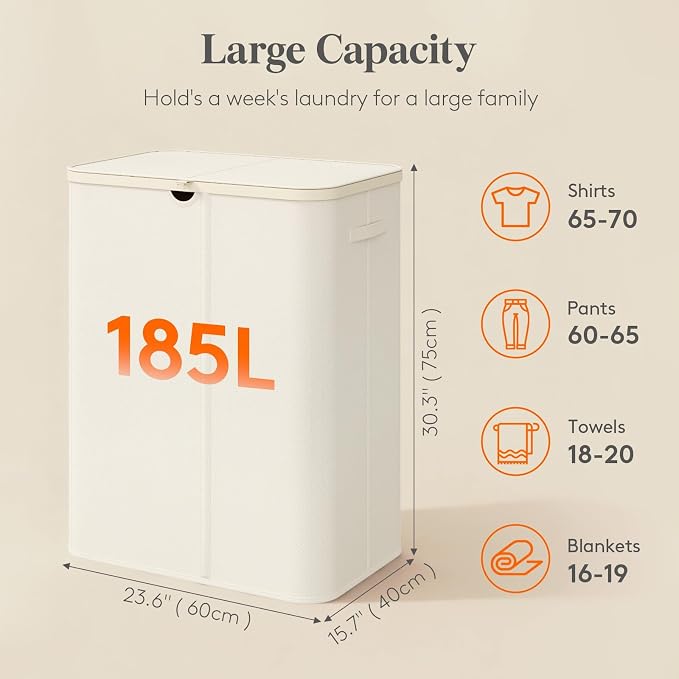 Lifewit 185L 3 Section Laundry Hamper with Lid, Large Laundry Basket with Handles and Removable Bags, Tall Clothes Hamper, Foldable Laundry Sorter for Bedroom Bathroom, White