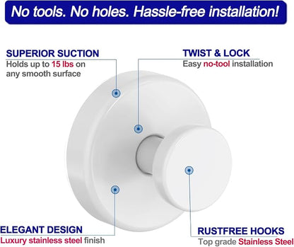 Bntuk Suction Cup Hooks for Shower, Removable Towel Hooks for Bathroom Window Glass Door Wall, Bath Robe Looafh Hook for Hanging - 4 Pack, White1
