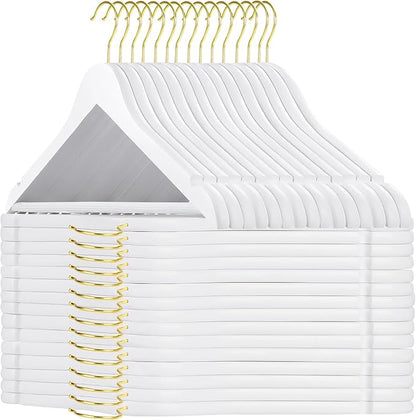TOPIA HANGER Wooden Hangers 30 Pack, White Wood Coat Hanger with 360° Swivel Gold Hook, Non Slip Pants Bar and Shoulder Notches for Camisole, Jacket, Pants, Smooth Finish Clothes Hangers -CT34WG30