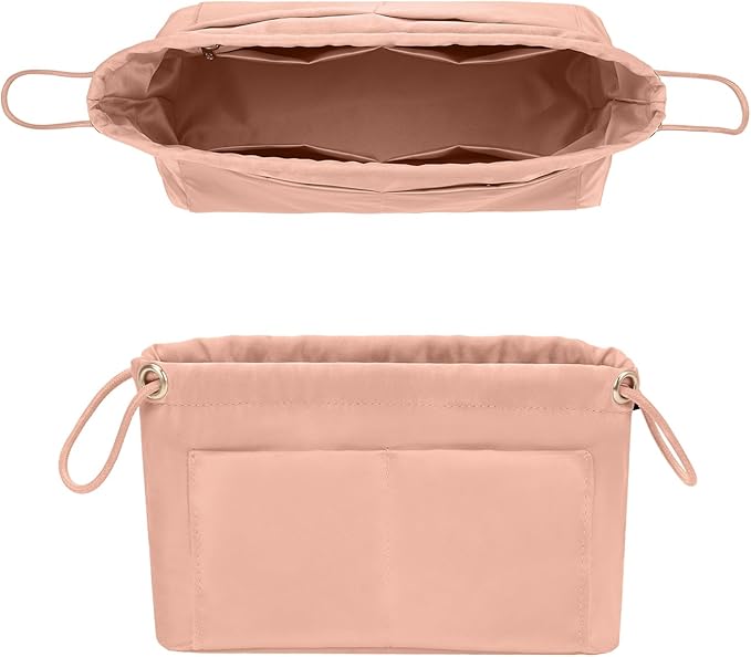 GIVLEFLY Purse Organizer Insert with Multiple Pockets, Drawstring Satin Tote Bag Organizer, Small Light Weight Purse Liner with Zipper Pocket (Small,Pink) Fit for City23 Carryall BB and More
