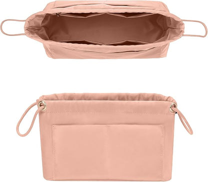 GIVLEFLY Purse Organizer Insert with Multiple Pockets, Drawstring Satin Tote Bag Organizer, Small Light Weight Purse Liner with Zipper Pocket (Small,Pink) Fit for City23 Carryall BB and More