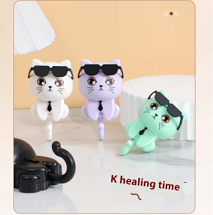 Cat Key Holder for Wall with Sunglasses, No Drill Adhesive Hooks 4 Pack for Keys, Hats, Coats & Towels, Cute Cartoon Cat Wall Decor for Apartment, Kitchen, Office and Bathroom Organization