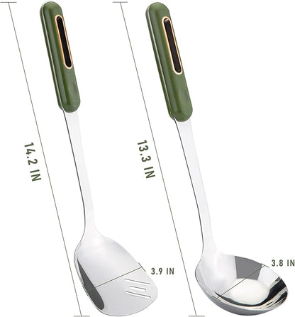 FJNATINH Spatula and Ladle Set - 2 Wok Tools - Universal Ladle and Spatula - Stainless Steel Cooking Utensils and Accessories, 13"-14", Green Handle