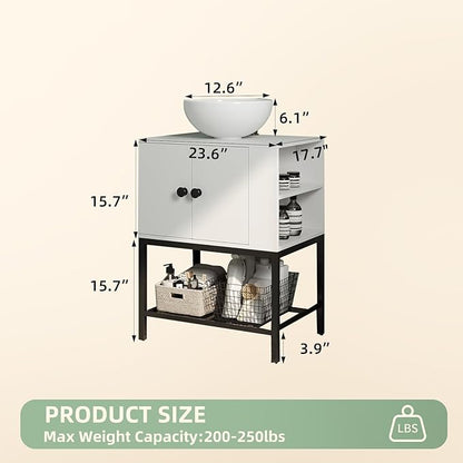 Modern Floor-Standing Bathroom Vanity with Ceramic Vessel Sink, 24 Inch White Wood Storage Cabinet with Black Steel Base, Minimalist Design Easy Assembly for Small Bathrooms