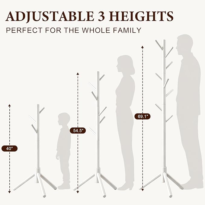 Wooden Coat Rack Freestanding with 8 Hooks & 3 Adjustable Sizes for Clothes, Space-Saving Design for Bedroom Office Entrance Holds Hats Coats Scarves Bags