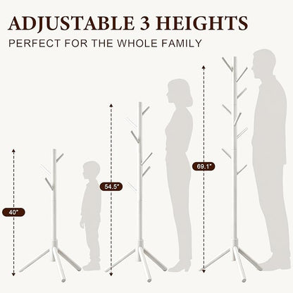 Wooden Coat Rack Freestanding with 8 Hooks & 3 Adjustable Sizes for Clothes, Space-Saving Design for Bedroom Office Entrance Holds Hats Coats Scarves Bags