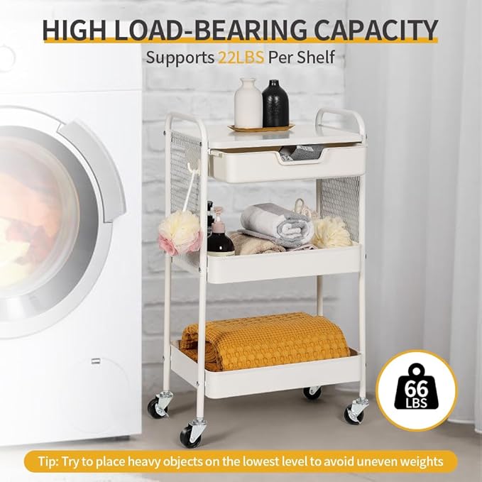 CRUDATE 3-Tier Rolling Cart with Drawer, Metal Utility Storage Cart Organizer with Lockable Wheels&Hanging Cups&Hooks, Mobile Storage Craft Carts Trolley with Mesh Shelves for Kitchen, Office-White