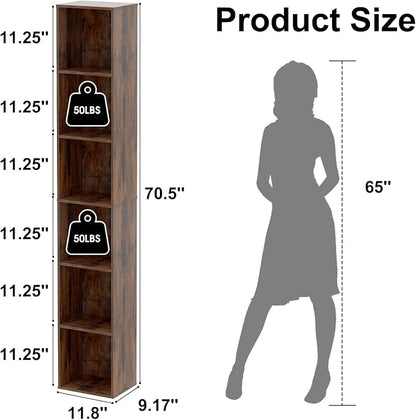 Tall Narrow Bookshelf 6-Tier Bookcase,70.5" Skinny Thin Corner Shelf Slim Storage Cabinet,Wood DVD CD Media Cube Organizer Tower Rack for Small Spaces, Bedroom, Living Room, Office,Brown