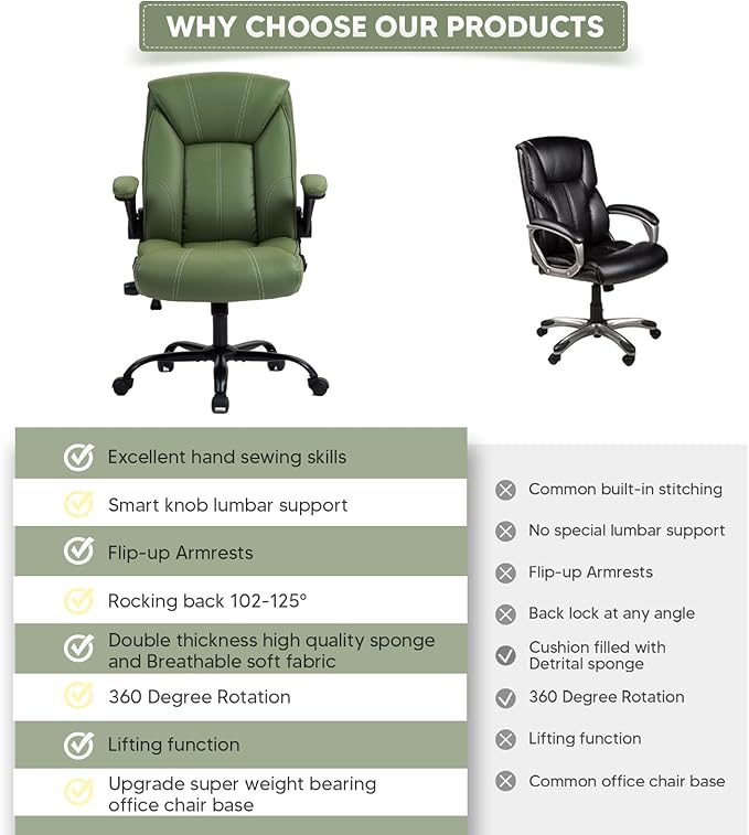 YAMASORO Executive Office Chair,Big and Tall Ergonomic Desk Chair with Adjustable Lumbar Support,Breathable PU Leather Computer Chair wih Flip-up Arms and Wheels,Green