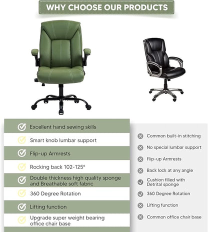 YAMASORO Executive Office Chair,Big and Tall Ergonomic Desk Chair with Adjustable Lumbar Support,Breathable PU Leather Computer Chair wih Flip-up Arms and Wheels,Green