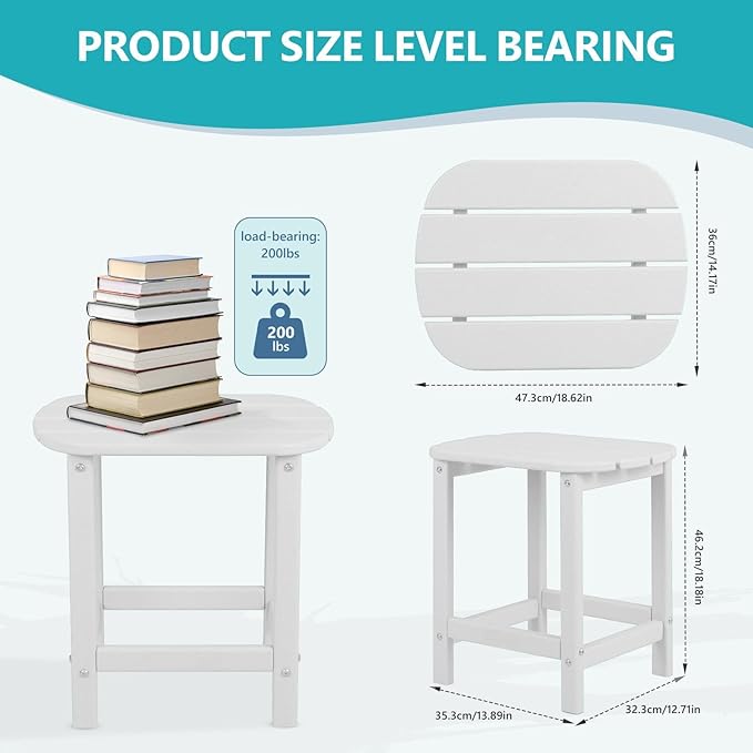 Plawdlik Hdpe Outdoor Adirondack Side Table, Wooden Textured, Set for Patio, Garden, Porch, Pool Composite Patio, Backyard, Bathroom and Indoor, Maintenance & Weather Resistant (White)