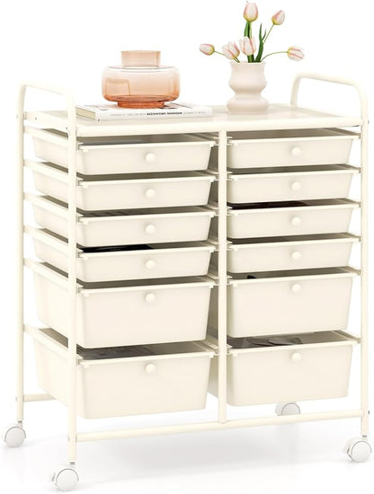 GOFLAME 12-Drawer Rolling Storage Cart, Multipurpose Organizer Cart with 2 Sizes Plastic Drawers, Mobile Utility Cart with Lockable Casters for School, Home Office, Beauty Salon, White