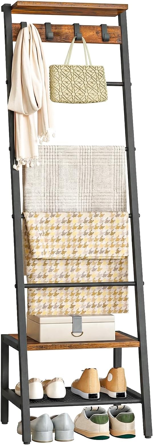 HOOBRO Blanket Ladder, 7-Tier Giraffe Shape Towel Rack for Living Room and Bedroom, 63.4" H Decorative Ladder Shelf with Hooks, Metal Frame, Industrial Style, Rustic Brown and Black BF13CJ01