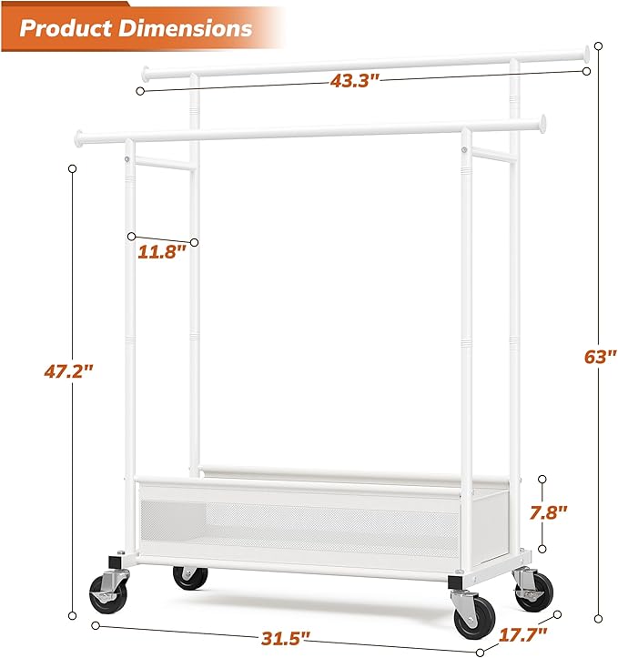 Clothes Rack, Clothing Racks for hanging clothes, Rolling clothes rack with Storage Basket & Heavy Duty Wheels, Double rods clothing rack for Bedroom, Laundry Room, White