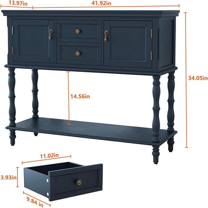 ARTPOWER Console Table with 2 Drawers, Retro Entryway Table with 2 Door Cabinets and Open Storage Shelf, Narrow Long Behind Couch Sofa Table for Living Room, Foyer, Hallway, Blue