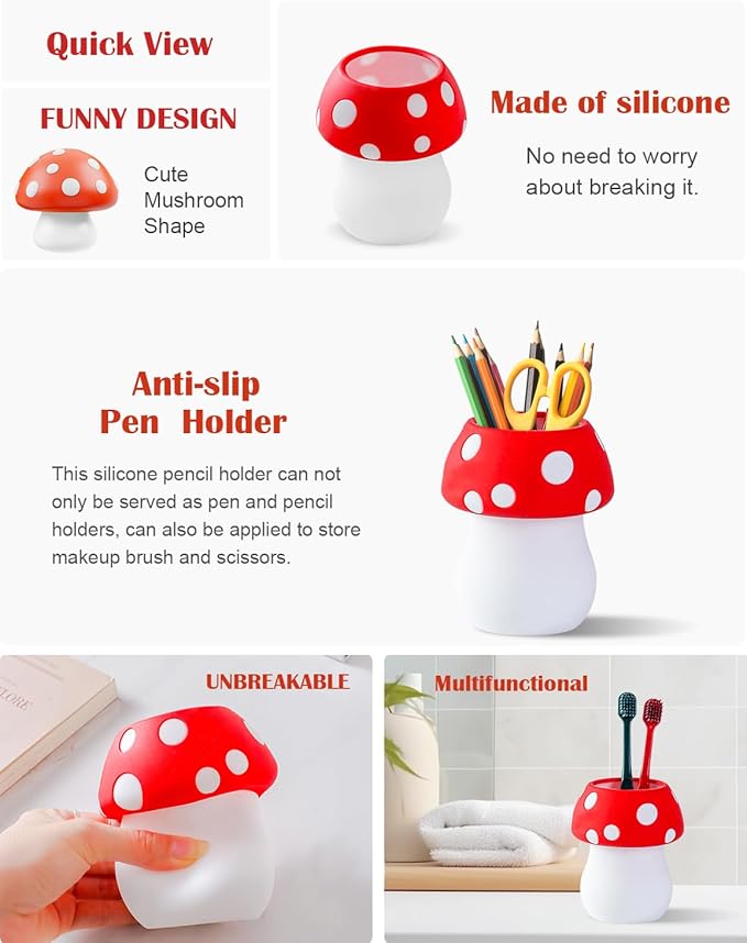 Silicone Pen Holder Cactus Pencil Holder Cute Pens Cup for Desk for Kids Office Decor Desk Accessories Pen Pot Desk Organizer (Red Mushroom)