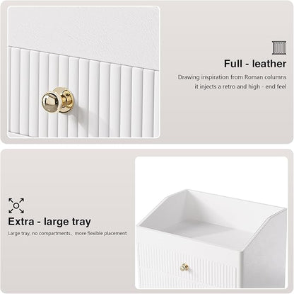 LADSTAG Makeup Organizer Countertop,Leather Makeup Storage with 2 Drawers,Large Capacity Beige White Make up Organizers for Counter,Bedroom,Bathroom,Birthday Gifts for Women