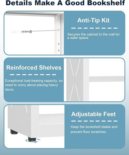 5 Tier Steel Bookshelf, Metal Bookcase with Adjustable Shelves for Home Office, Kitchen, Garage, Modern Storage Dispaly Shelves with Anti-Tip Protection, Heavy-Duty Home Storage Organizer - White