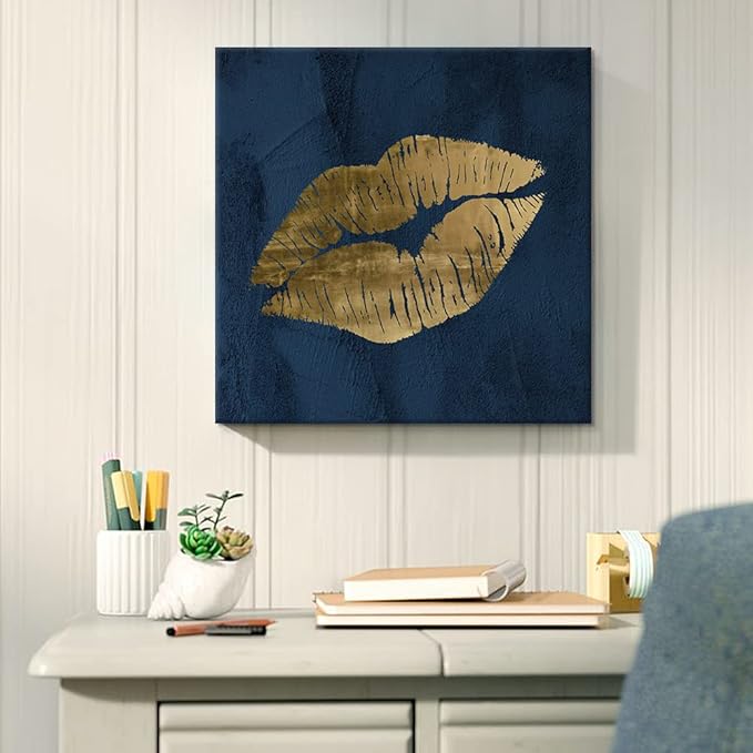 Navy Blue and Gold Wall Decor Fashion Lip Canvas Wall Art Glam Lip Poster Sexy Painting Designer Picture for Bedroom Bathroom Makeup Room Decoration 12x12Inch