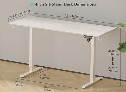 55 x 24 inch Electric Standing Desk Adjustable Height with 4 Wheels, 4 Memory Height Settings, 2 Headphone Hook, for Home Office, Splice Board White