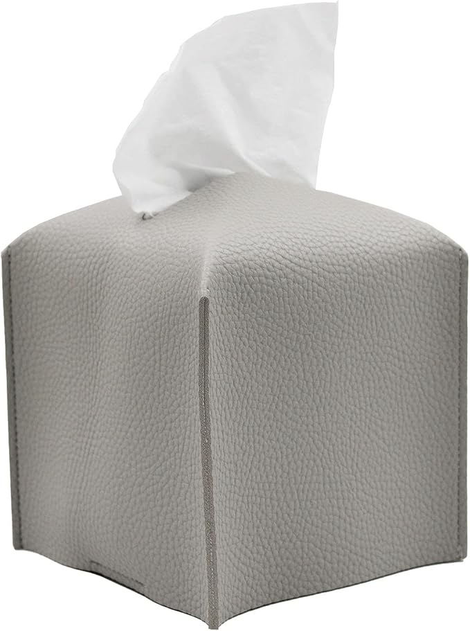 Livelab Tissue Box Cover Holder, Square Modern Decoration PU Leather Facial Tissues Case Roll Paper Dispenser for Bathroom Vanity Countertop, Night Stands, Office Desk Car 5X5X5'' | Pastel Grey