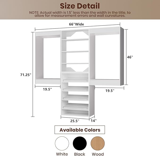 ROOMTEC Modular Closet System, 66" Wall Mounted Closet Organizer with Hanging Rods and Shoe Shelf, Wooden Tower for Walk-In Closets, Wardrobe Storage Kit, White