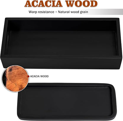 Toilet Tank Tray for Modern Black Bathroom Decor Set of 2 Acacia Toilet Tank Topper Paper Storage Decorative Organizer Box Wood Vanity Tray for Counter Decor Dresser Tops (Black)