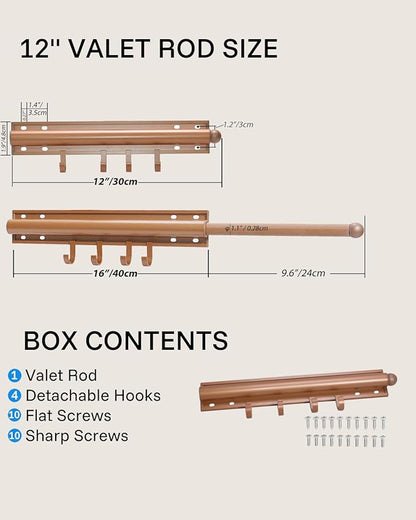 12 inch Valet Rod for Closet Pull Out, Closet Valet Rod Slide Out Pull Out Clothes Hanger With 4 Hooks Closet Organization and Storage (Brown gold)
