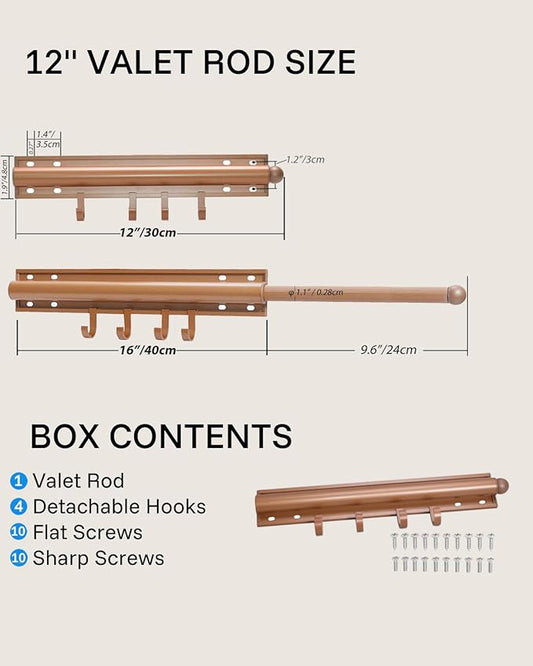 12 inch Valet Rod for Closet Pull Out, Closet Valet Rod Slide Out Pull Out Clothes Hanger With 4 Hooks Closet Organization and Storage (Brown gold)