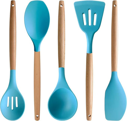 IOCBYHZ Silicone Kitchen Cooking Utensils Set, 5-Piece Non-Stick Silicone Kitchen Utensils Spatula Serving Spoons Turner Ladle Set w Wooden Handle Heat Resistant Cooking Gadgets for Nonstick Cookware