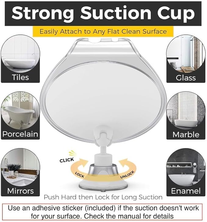 HONEYBULL Fogless Shower Mirror with Suction Mount & Swivel – Anti-Fog Acrylic Bathroom Mirror for Shaving – Built-in Razor Holder, Easy Install, Home Shower Accessory (Chrome)