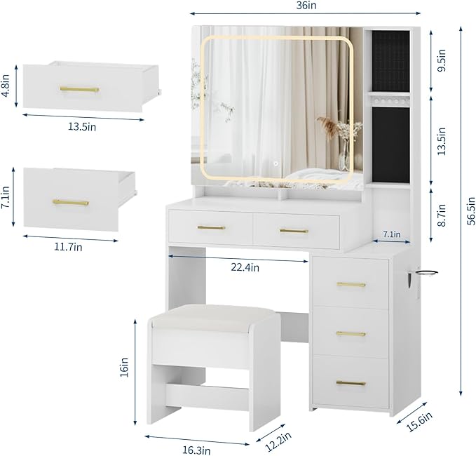 IDEALHOUSE Vanity Desk with Mirror and Lights, Makeup Vanity Set with Drawers & Chair, 3 Light Mode and Brightness Adjusted & Power Outlet, Dressing Table with Hairdryer Holder for Bedroom