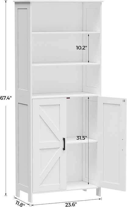 Homhedy 67" Tall Bathroom Storage Cabinet, Freestanding Farmhouse Cabinet with 2 Doors and Adjustable Shelf, Bathroom Organizers and Storage for Kitchen, Living Room, Laundry Room, White