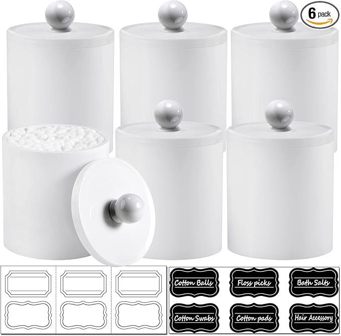 SheeChung 6 Pack White Acrylic Apothecary Jars - Shatterproof Qtip Holder Dispenser Set - Opaque Bathroom Vanity Organizer for Cotton Swabs,Balls,Pads - Modern Minimalist Decor(3*10oz,3*12oz)