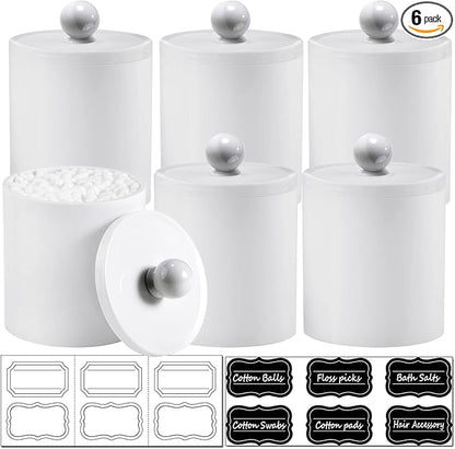 SheeChung 6 Pack White Acrylic Apothecary Jars - Shatterproof Qtip Holder Dispenser Set - Opaque Bathroom Vanity Organizer for Cotton Swabs,Balls,Pads - Modern Minimalist Decor(3*10oz,3*12oz)