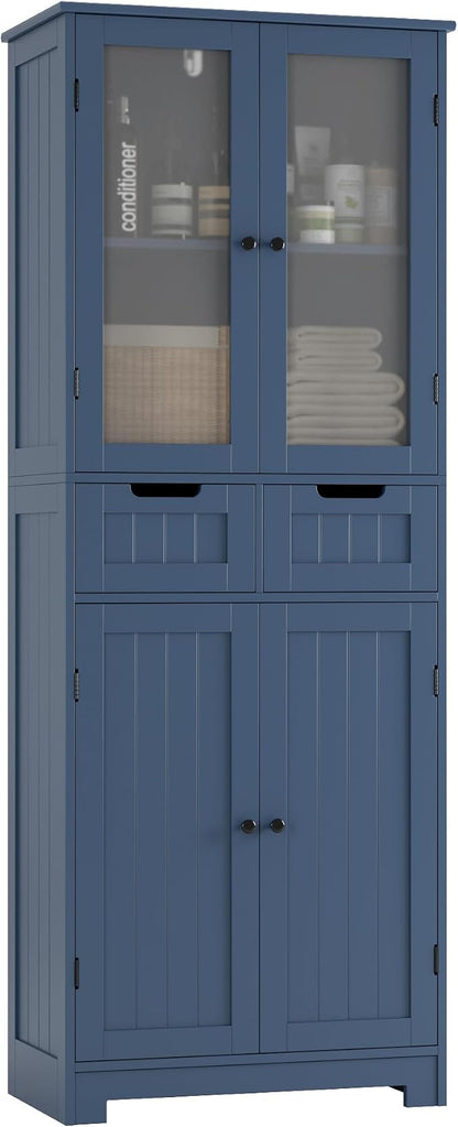 HORSTORS 67" Tall Bathroom Storage Cabinet, Freestanding Storage Cabinet with Glass Door and Shelves, Kitchen Pantry with 2 Drawers for Bathroom, Living Room, Dining Room, Blue