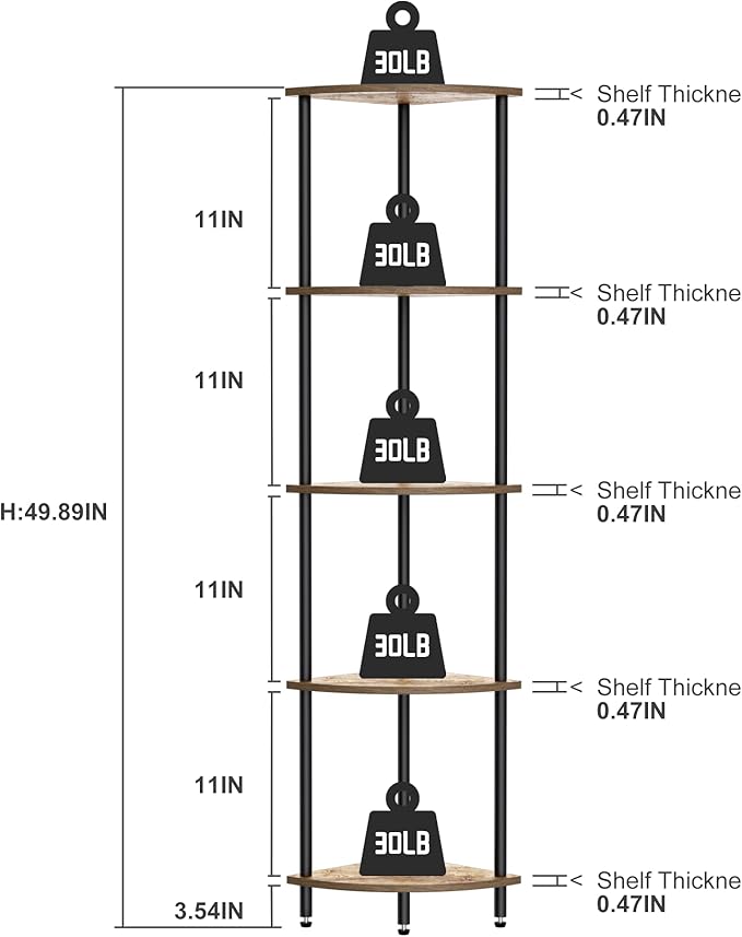 QLSPTFTS 5 Tier Corner Shelf, Bookcase for Small Spaces, Corner Display Shelf, Plant Stand, Rustic Brown and Black,Suitable for Bedroom,Living Room,Kitchen