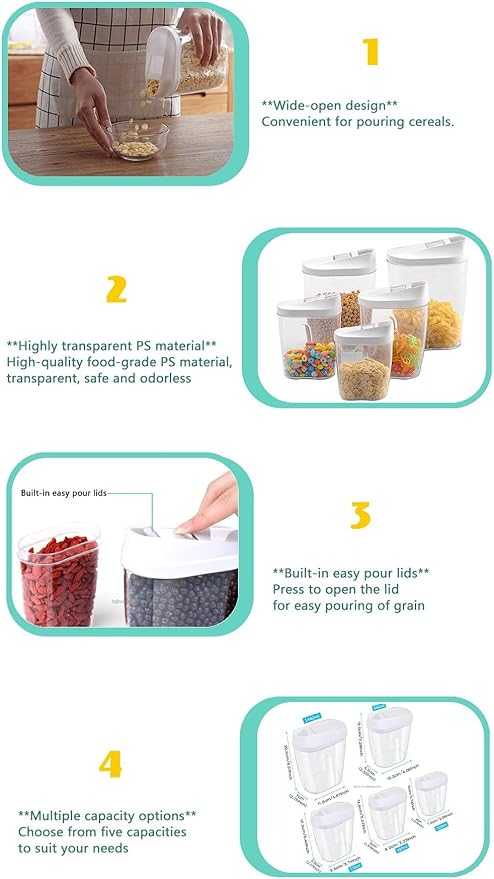 BPA-Free Plastic Sealing Canister Set (5-Piece) for Grains, Snacks, Nuts, Coffee - Clear Kitchen Storage Containers