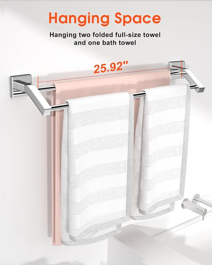 Alise Double Bath Towel Bars Towel Racks for Bathroom,Wall Mount Towel Holder Heavy Duty 28-Inch Towel Hanger Rail,SUS304 Stainless Steel Polished Chrome