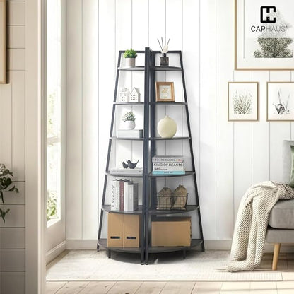CAPHAUS Tall Corner Shelf Stand, 6-Tier Display Shelves, Ladder Corner Wood Storage Plant Bookshelf with Metal Frame, Versatile Shelving Unit Bookcase for Home Office Space, Black