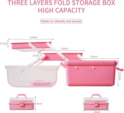 TERGOO 12in 3-Layer Plastic Craft Organizers and Storage, Portable Folding Tackle Box with Handle & Adjustable Dividers, Multipurpose Case for Sewing, Art Supplies, Medicine, Tools (Pink)