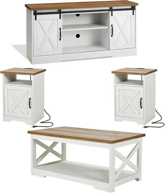 AMERLIFE 4-Piece Farmhouse Table Set Includes Sliding Barn Door TV Stand, Coffee Table& Two End Tables, Side Table with Charging Station and USB Ports for Living Room, Distressed White, 66"