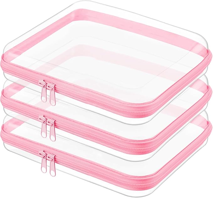 Topfinder Clear Hard Shell Zipper Case,Clear Toy Storage Pouch,Waterproof Transparent Organizer Comestic Case for Travel, Office, Home (Pink, 3*M)