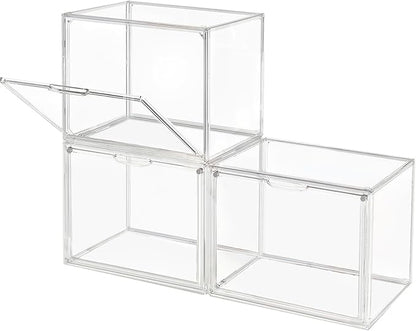 Clear Stackable Plastic Storage Bins with Magnetic Lid, Dustproof Book & Cosmetic Acrylic Display Cases, Large Figures Collectibles Showcase, Shoe Box, Protection Organizer (L, Count, 3)