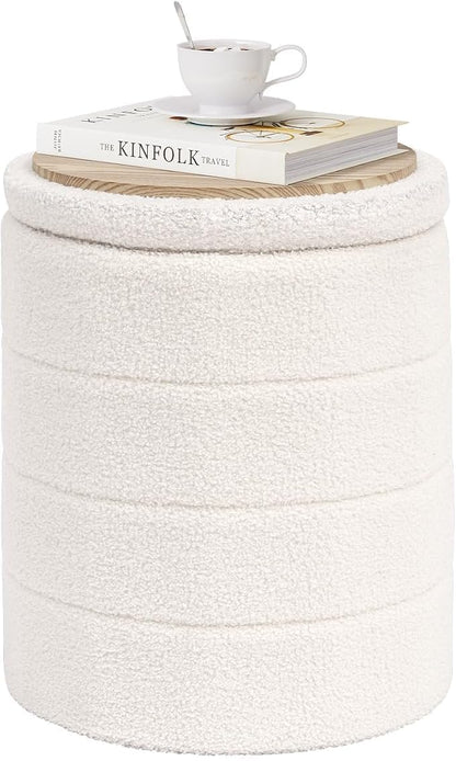 PINPLUS Round Storage Ottoman Foot Rest Stool with Tray Velvet Sherpa Folding Storage Ottoman,Boucle Foot Rest for Living Room, Bedroom, Dorm（White）