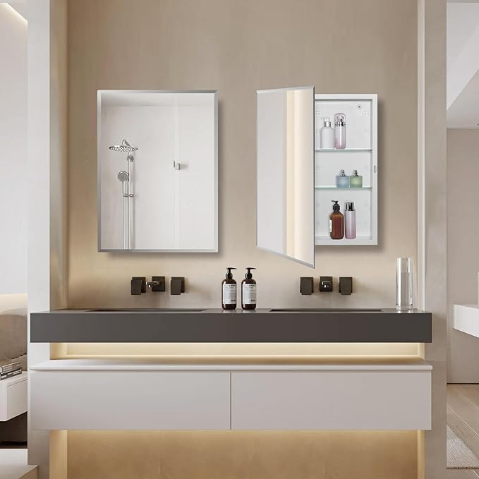 Bathroom Medicine Cabinet with Beveled Edge Mirrored Door 20 x 26 inch, Recessed or Surface Mount, with Adjustable Glass Shelves