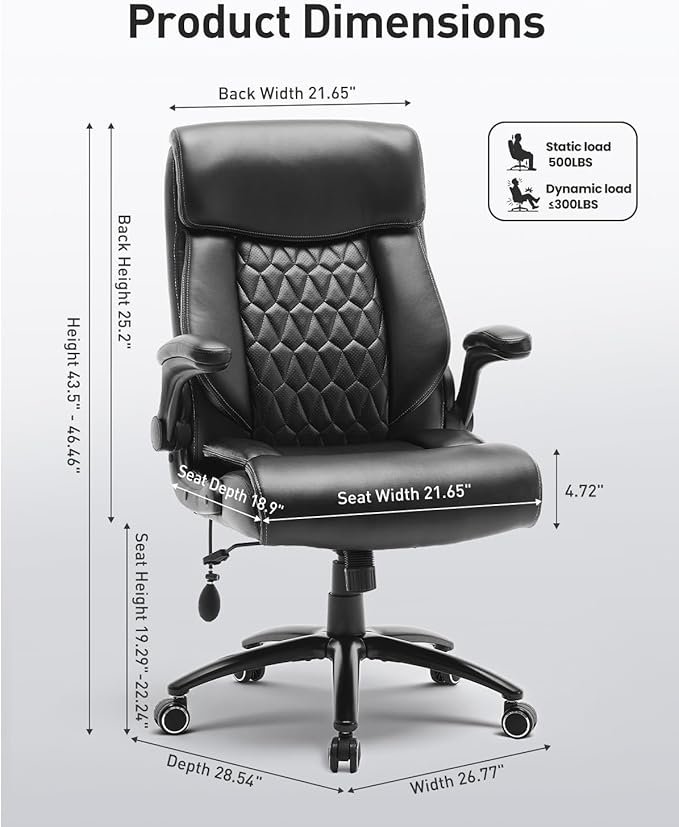 500LBS Big and Tall Office Chair, Heavy Duty Office Desk Chair with Padded Flip-Up Arms, Adjustable Lumbar Support & Tilt Lock, High Back Ergonomic Executive Computer Chair for Work & Study, Black